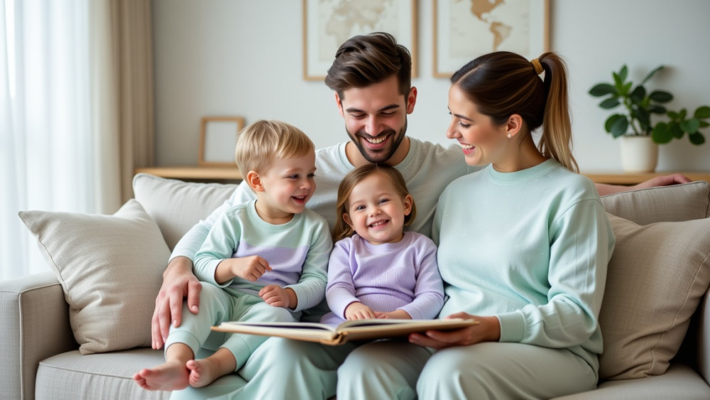 خانواده‌ای شاد با ست خانوادگی لباس نخی در رنگ‌های سبز نعنایی و یاسی، در حال لذت بردن از لحظات صمیمی در خانه